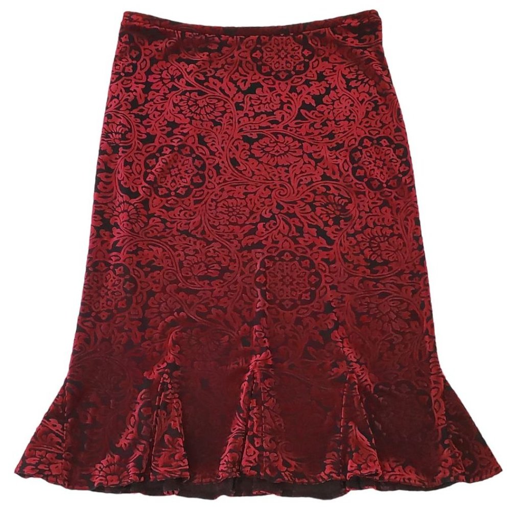 Express Crushed Velvet Midi Length Godet Skirt | Like New | XS | Black Red Print